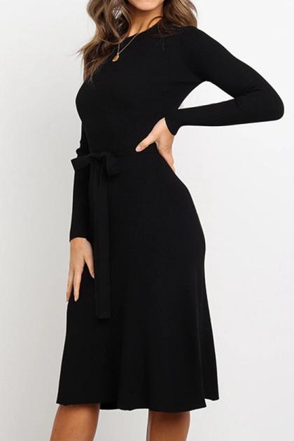 Round Neck Belt Long-sleeved Dress