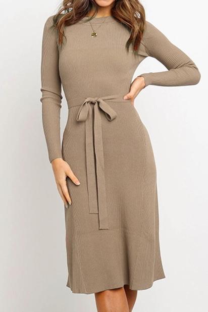 Round Neck Belt Long-sleeved Dress