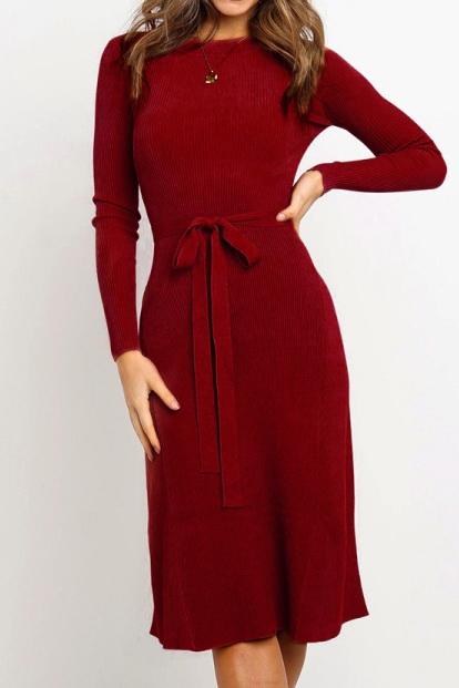 Round Neck Belt Long-sleeved Dress