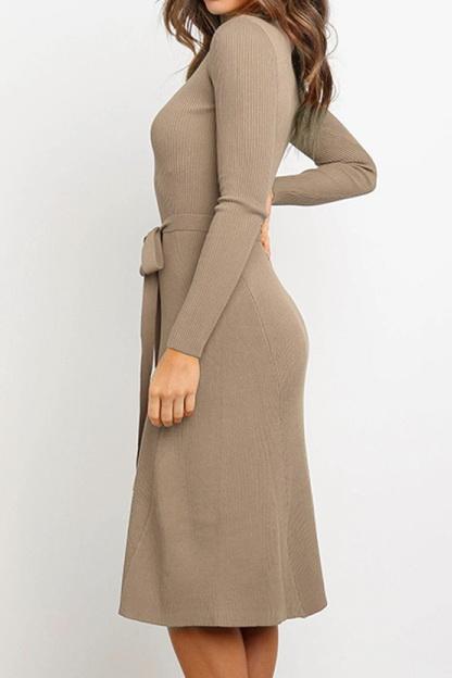 Round Neck Belt Long-sleeved Dress