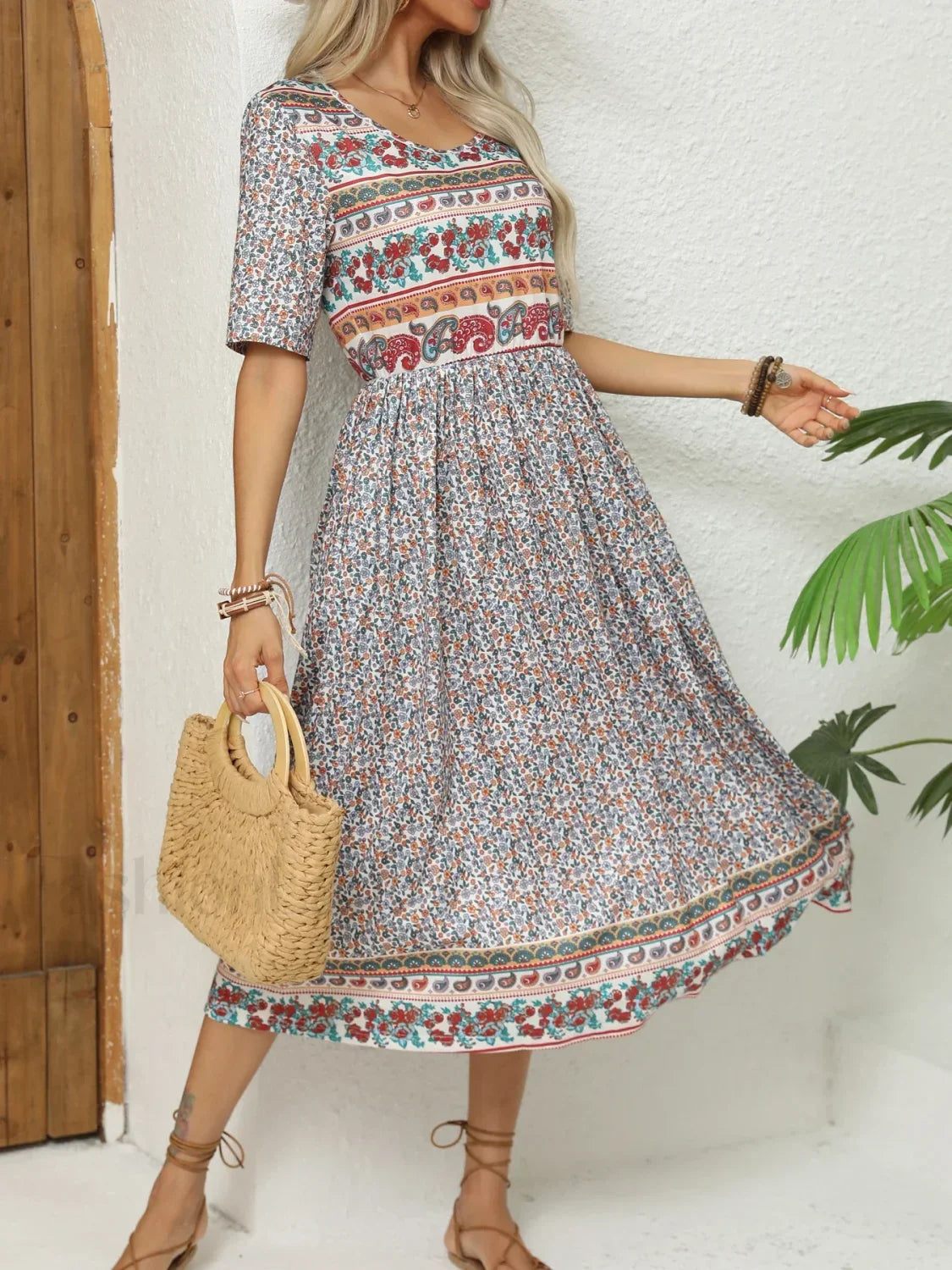 Round-Neck Bohemian Print Boho Dress