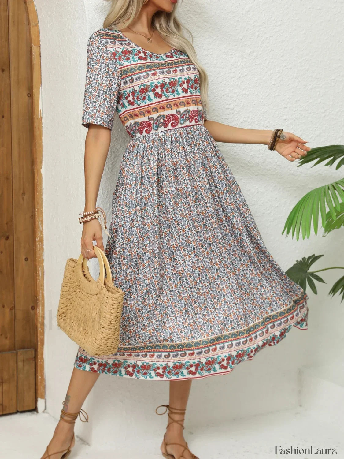 Round-Neck Bohemian Print Boho Dress