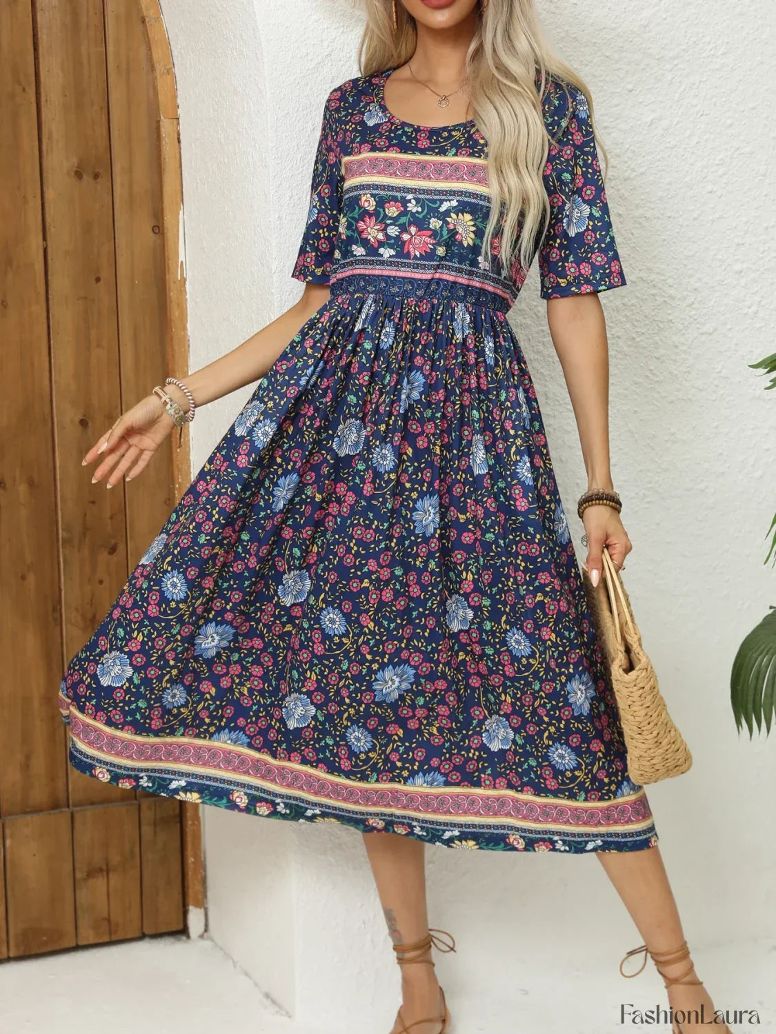 Round-Neck Bohemian Print Boho Dress