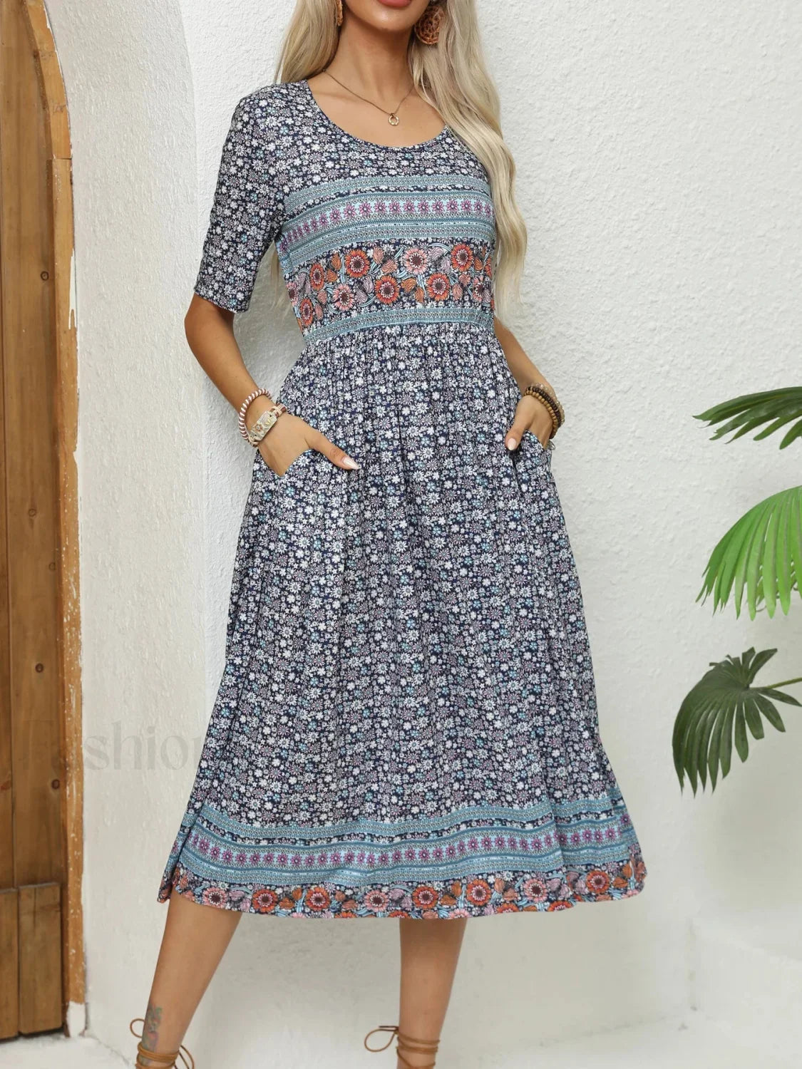 Round-Neck Bohemian Print Boho Dress