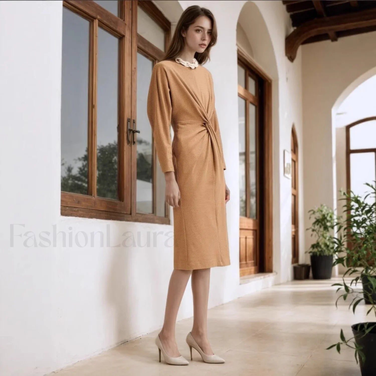 Round Neck Waist Twist Slim Fit Midi Maxi Dress