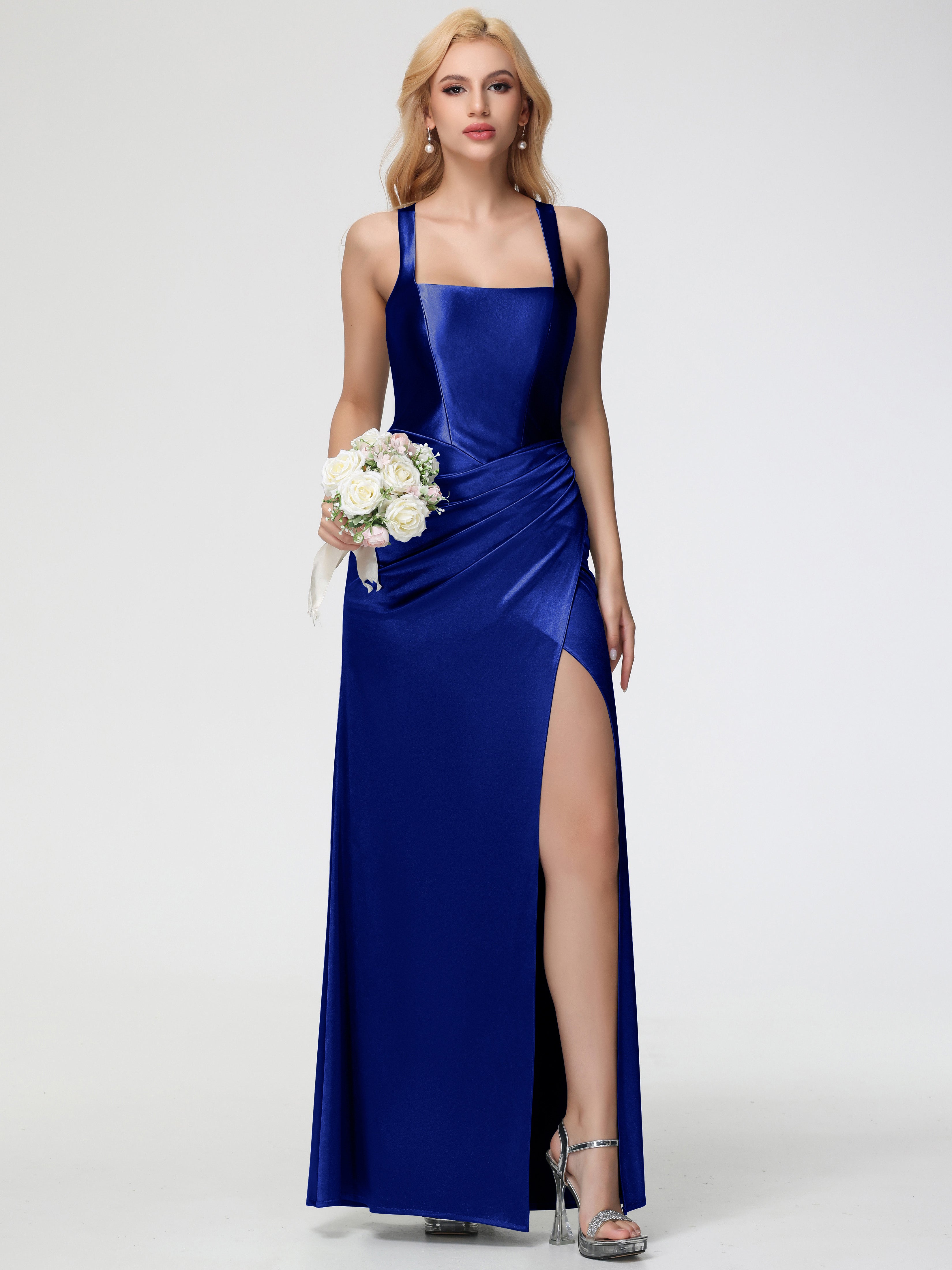 Royal Blue Formal Dresses Straps Ruched Floor Length Sheath Formal Dress With Slit