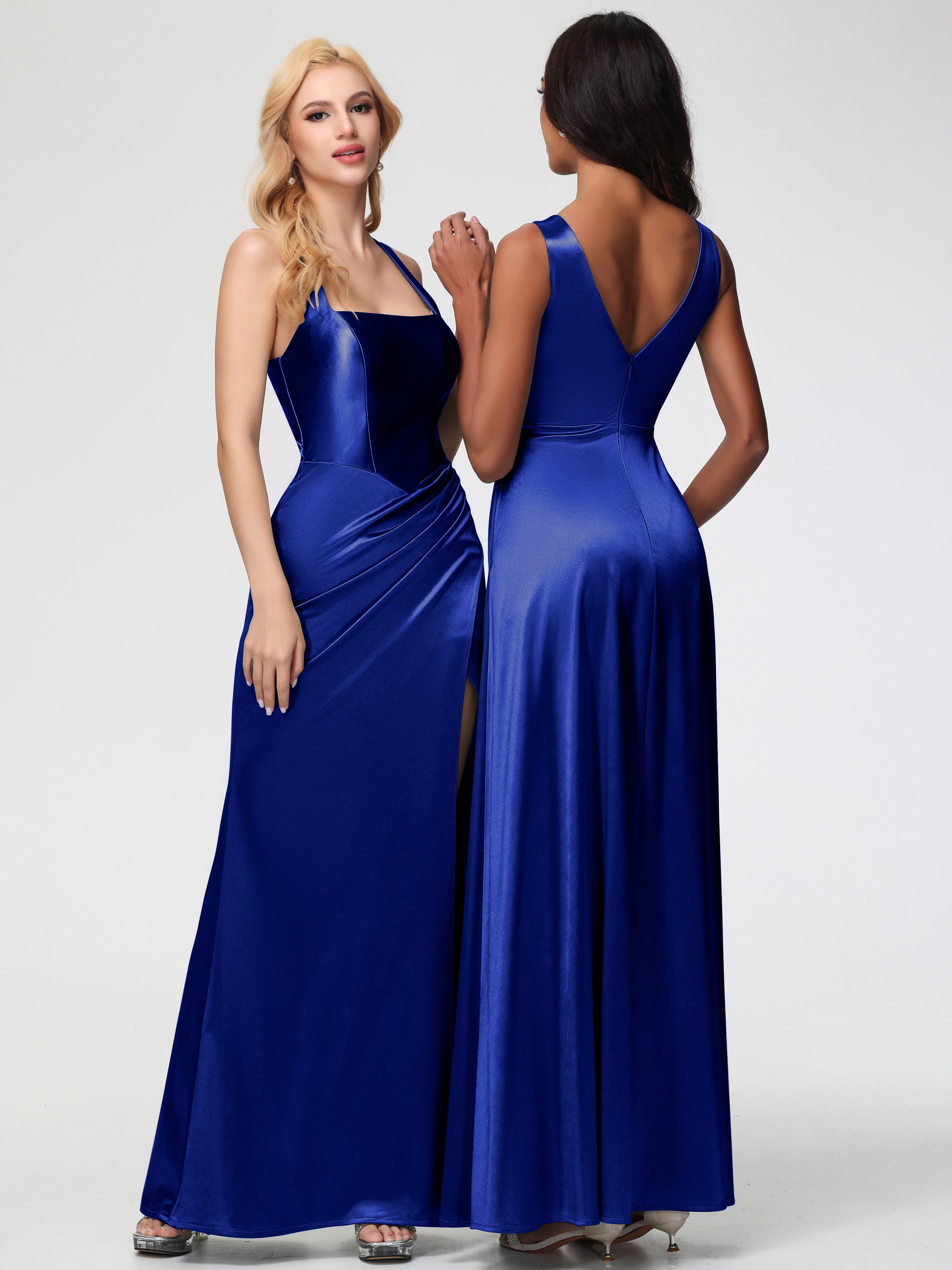 Royal Blue Formal Dresses Straps Ruched Floor Length Sheath Formal Dress With Slit