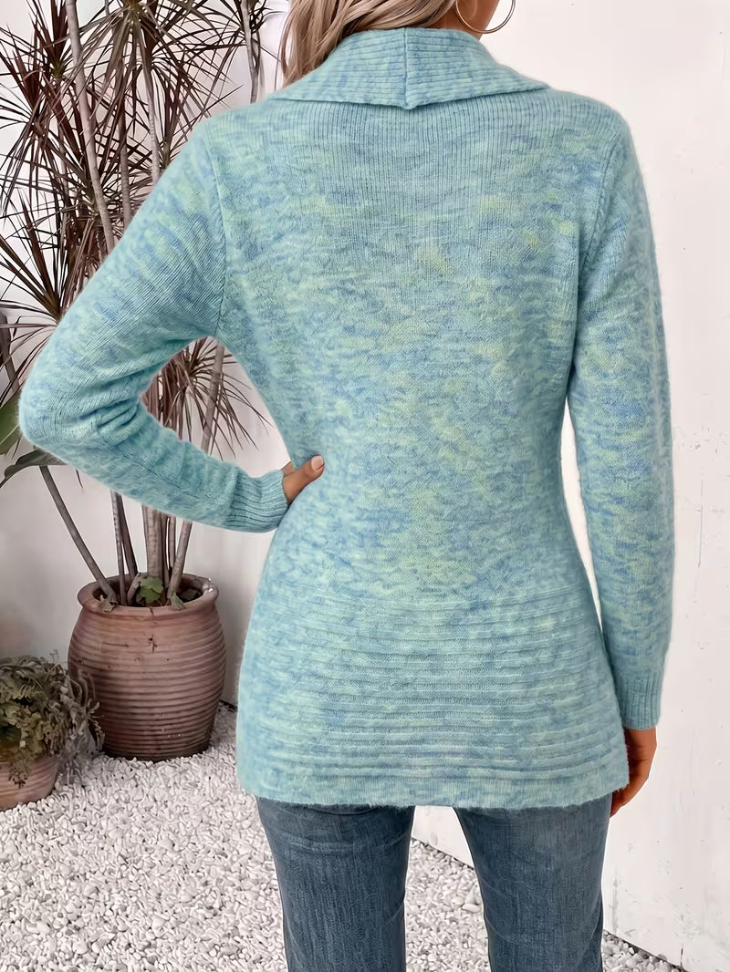 Shawl Collar Open Front Button Tab Ribbed Cardigan