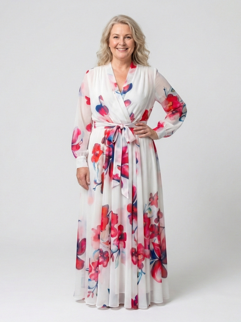 Floral Long Sleeve Wrap Belted Maxi Dress