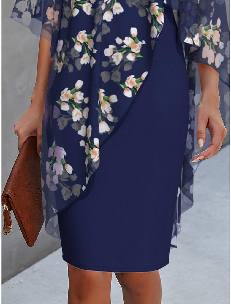 Floral Chiffon Overlay Asymmetrical Flutter Sleeve Sheath Midi Dress