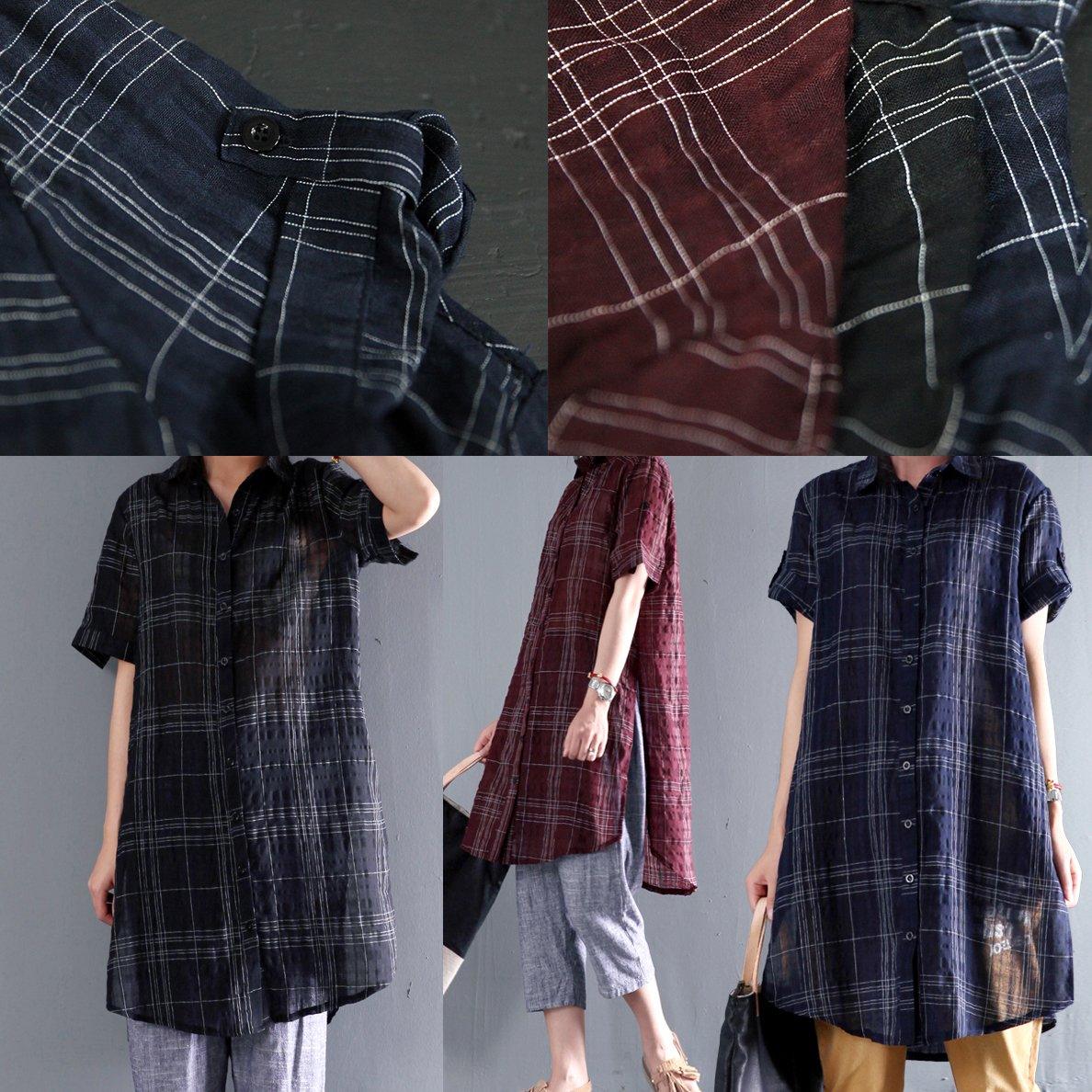 ruby red linen sundress short sleeve plaid causal summer dress shirt