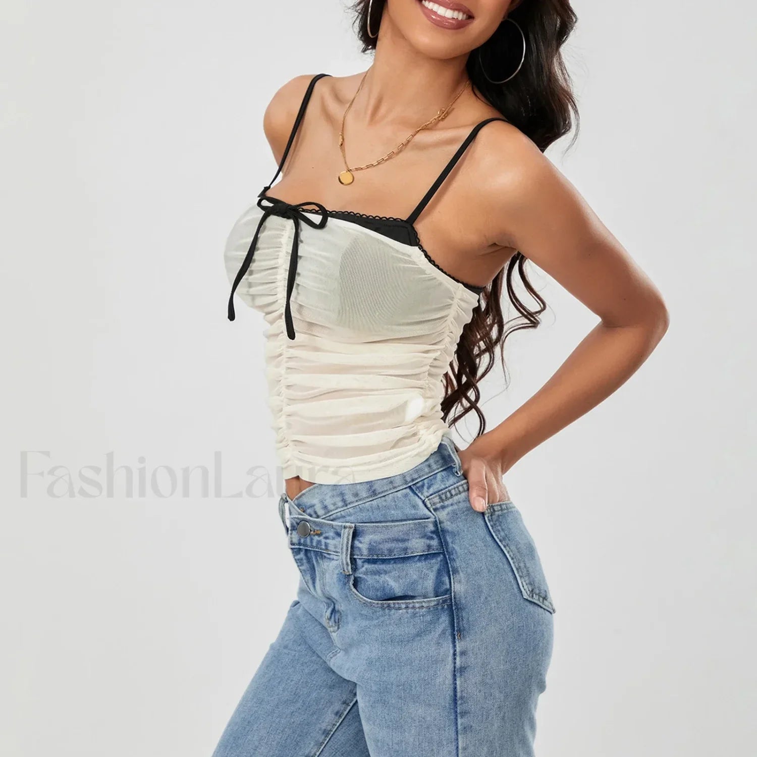 Ruched Contrast Tie-Up Crop Top