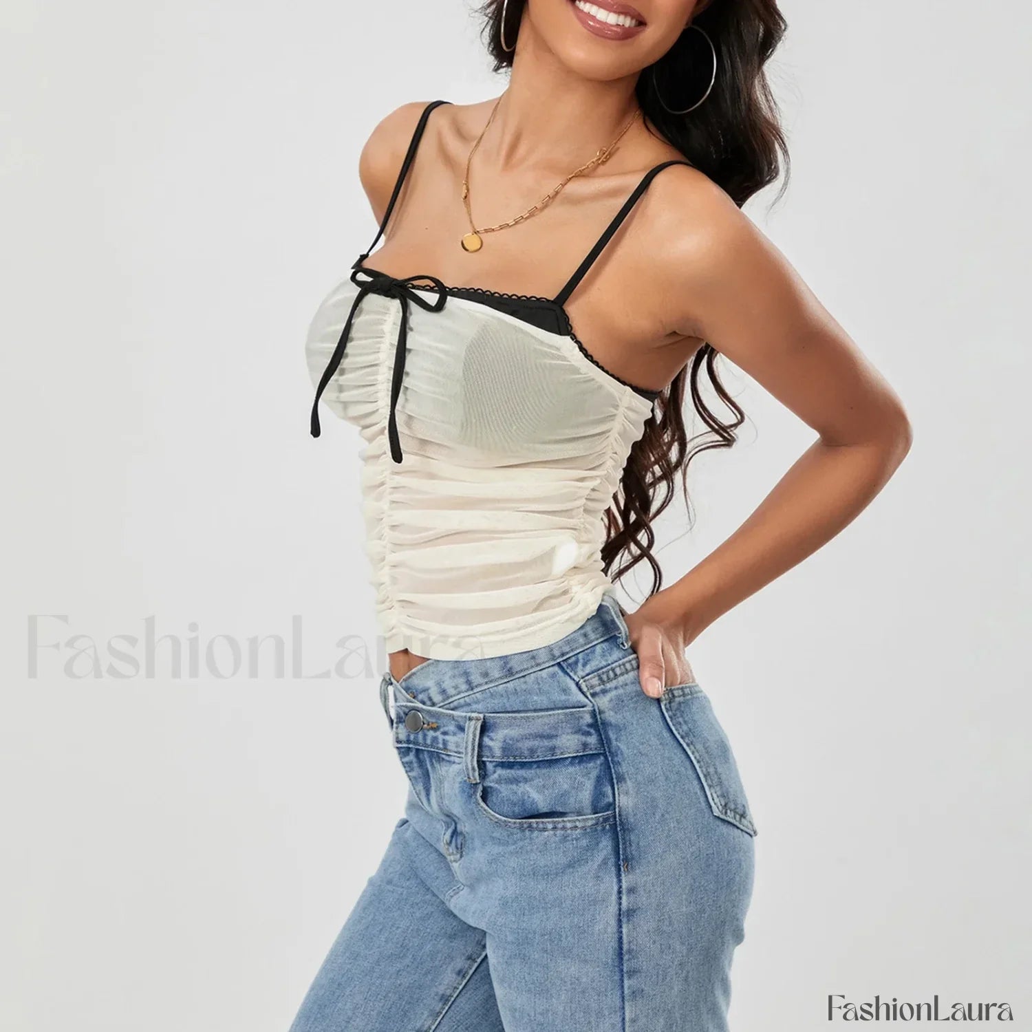 Ruched Contrast Tie-Up Crop Top
