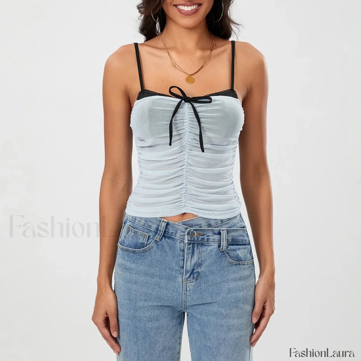Ruched Contrast Tie-Up Crop Top