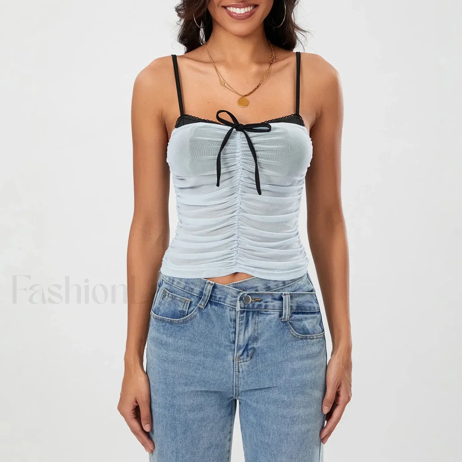 Ruched Contrast Tie-Up Crop Top