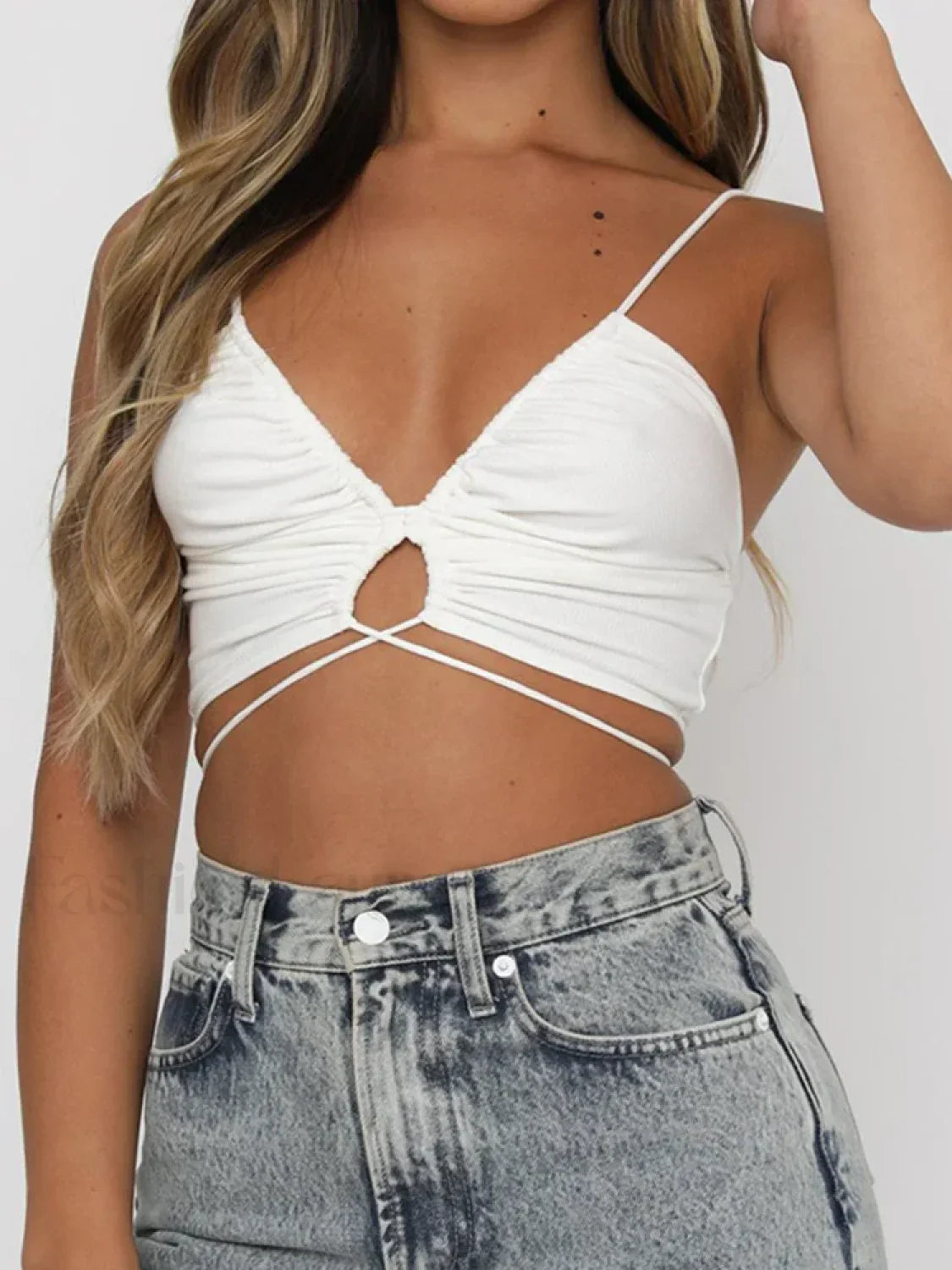Ruched Deep V-Neck Crop Top