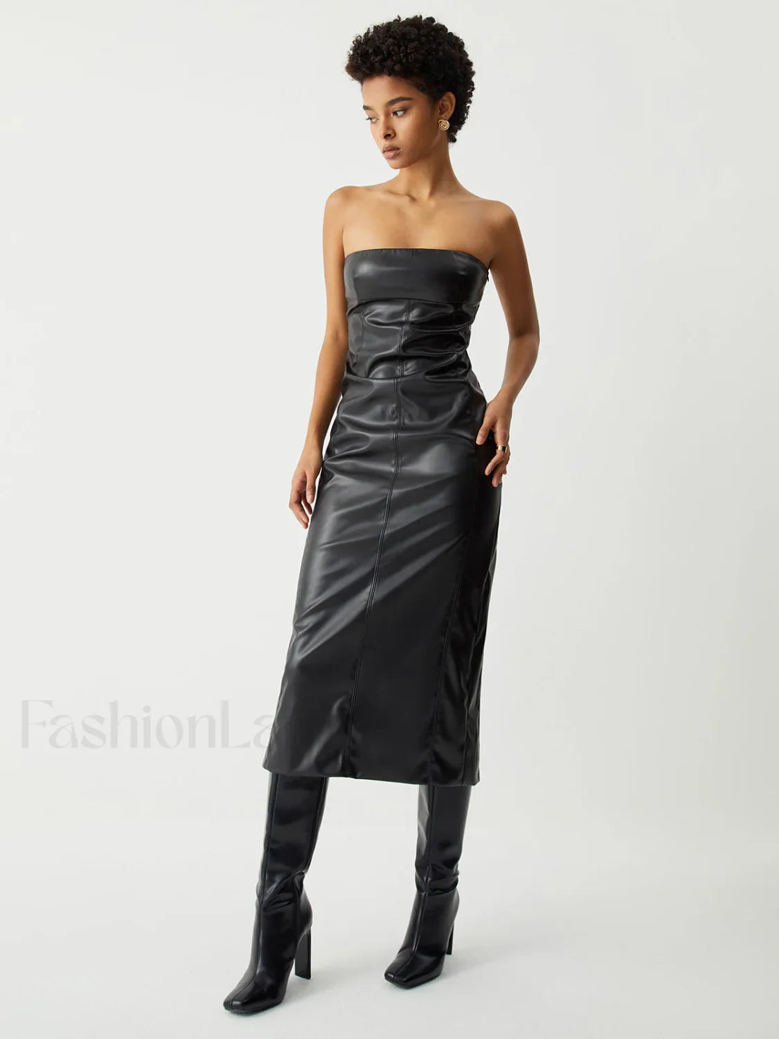 Ruched Faux Leather Trendy Tube Midi Dress