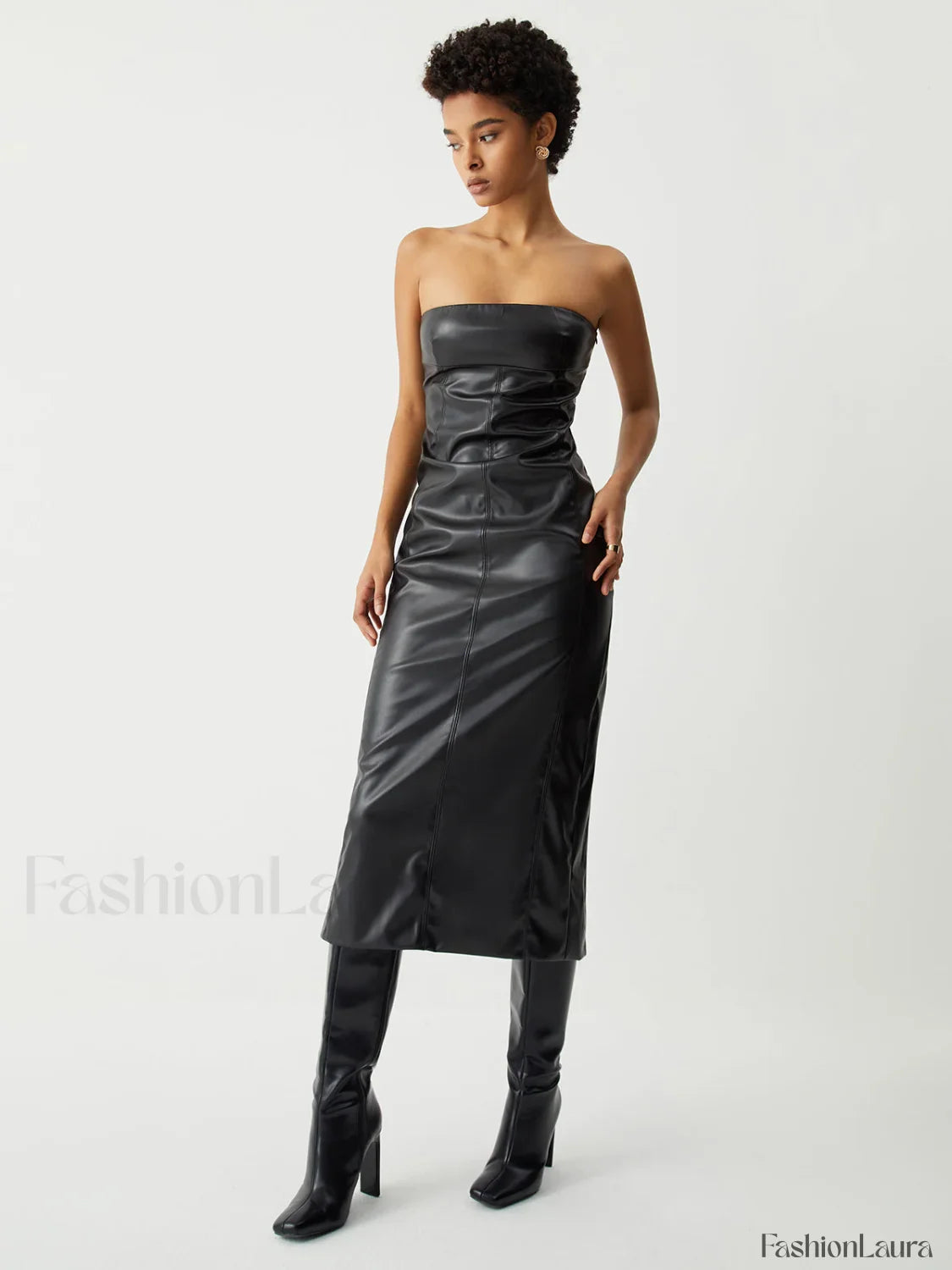 Ruched Faux Leather Trendy Tube Midi Dress