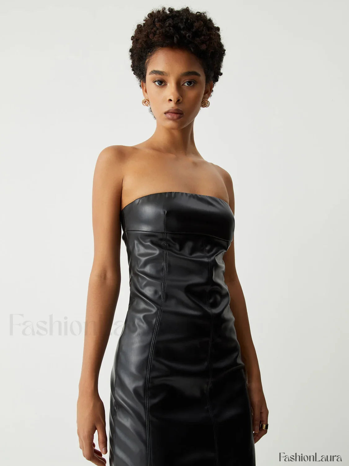 Ruched Faux Leather Trendy Tube Midi Dress