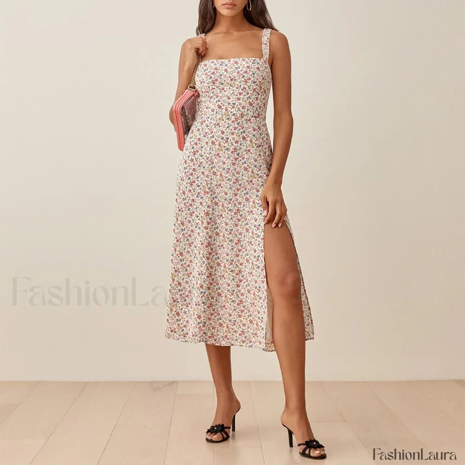 Ruched High-Slit Floral Midi Dress