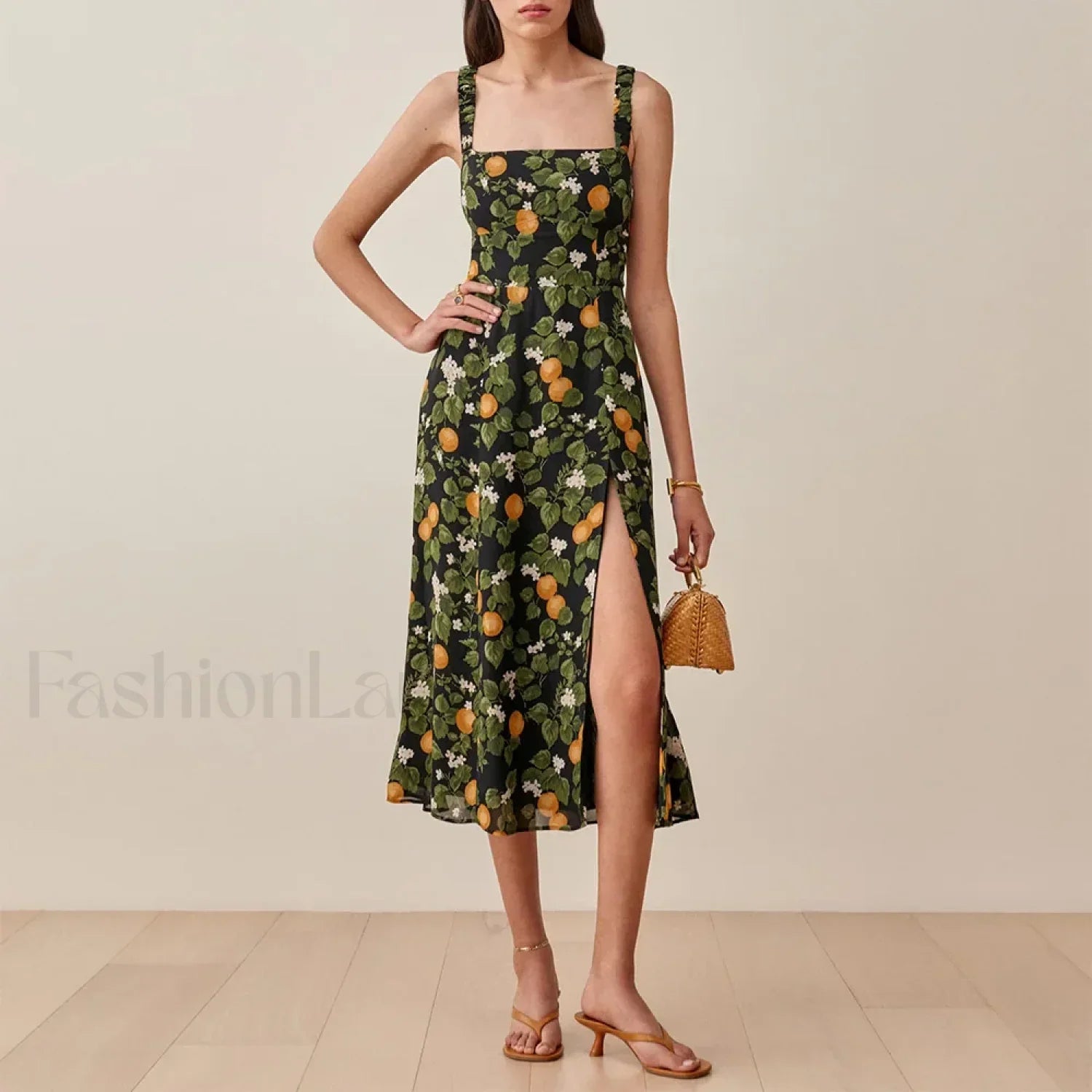 Ruched High Slit Floral Midi Dress green / S
