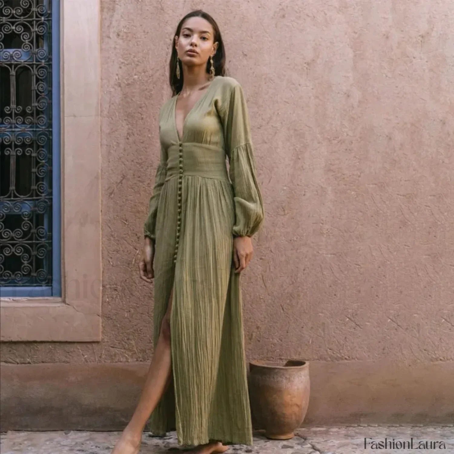 Ruched High-Waist Boho Dress