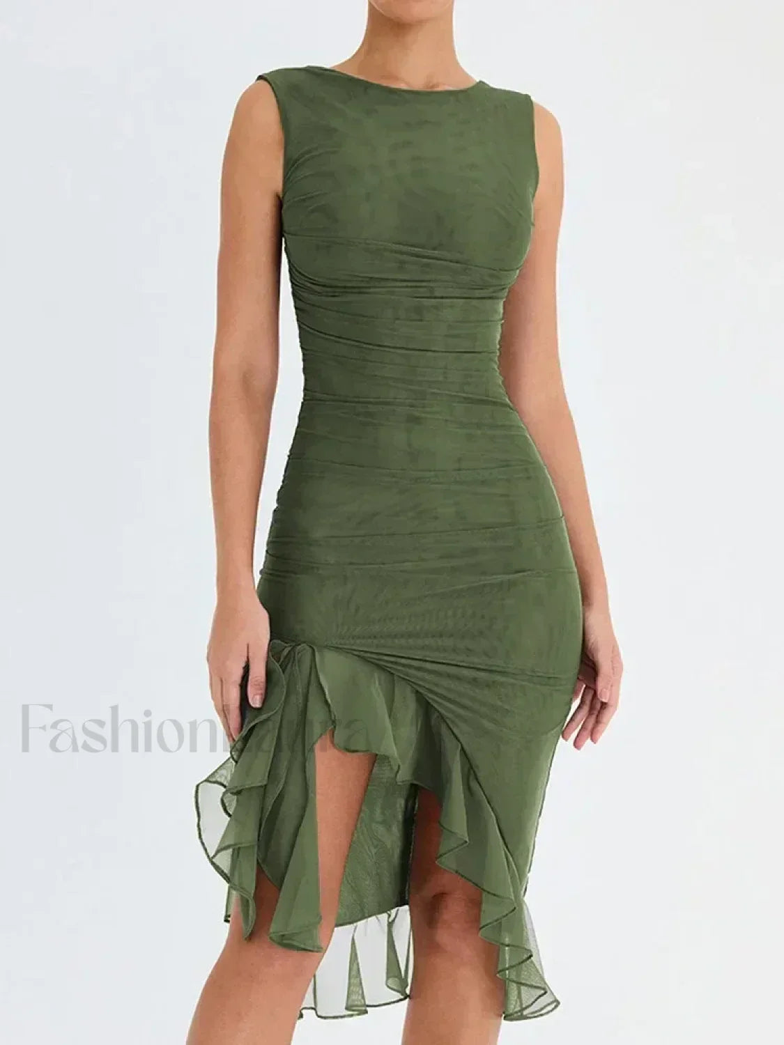 Ruched Irregular Hem Midi Dress Green / S