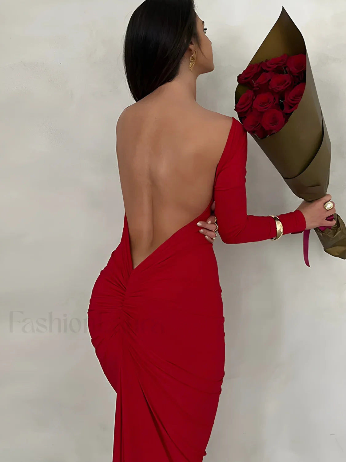 Ruched Open Back Trendy Long Sleeve Maxi Dress