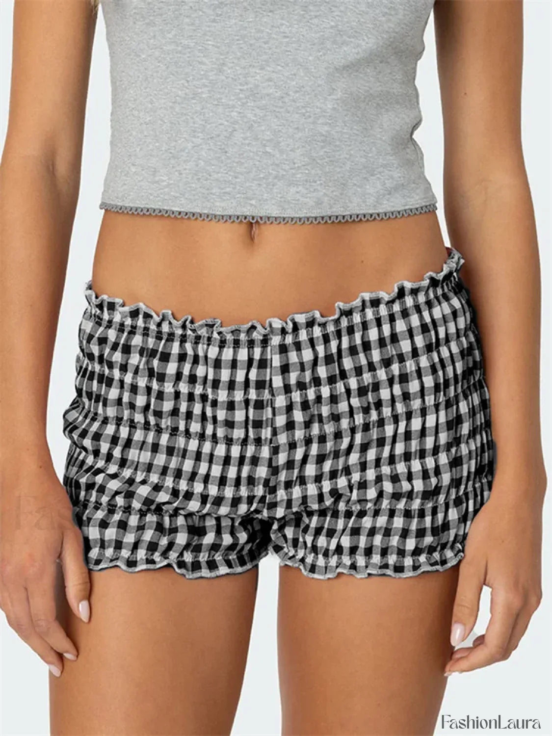 Ruched Plaid Print Slim Fit Low Waist Casual Summer Short