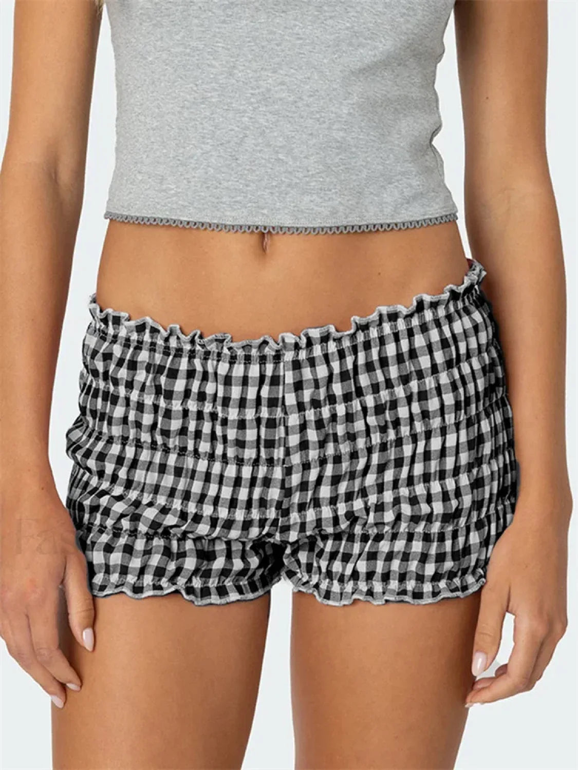 Ruched Plaid Print Slim Fit Low Waist Casual Summer Short