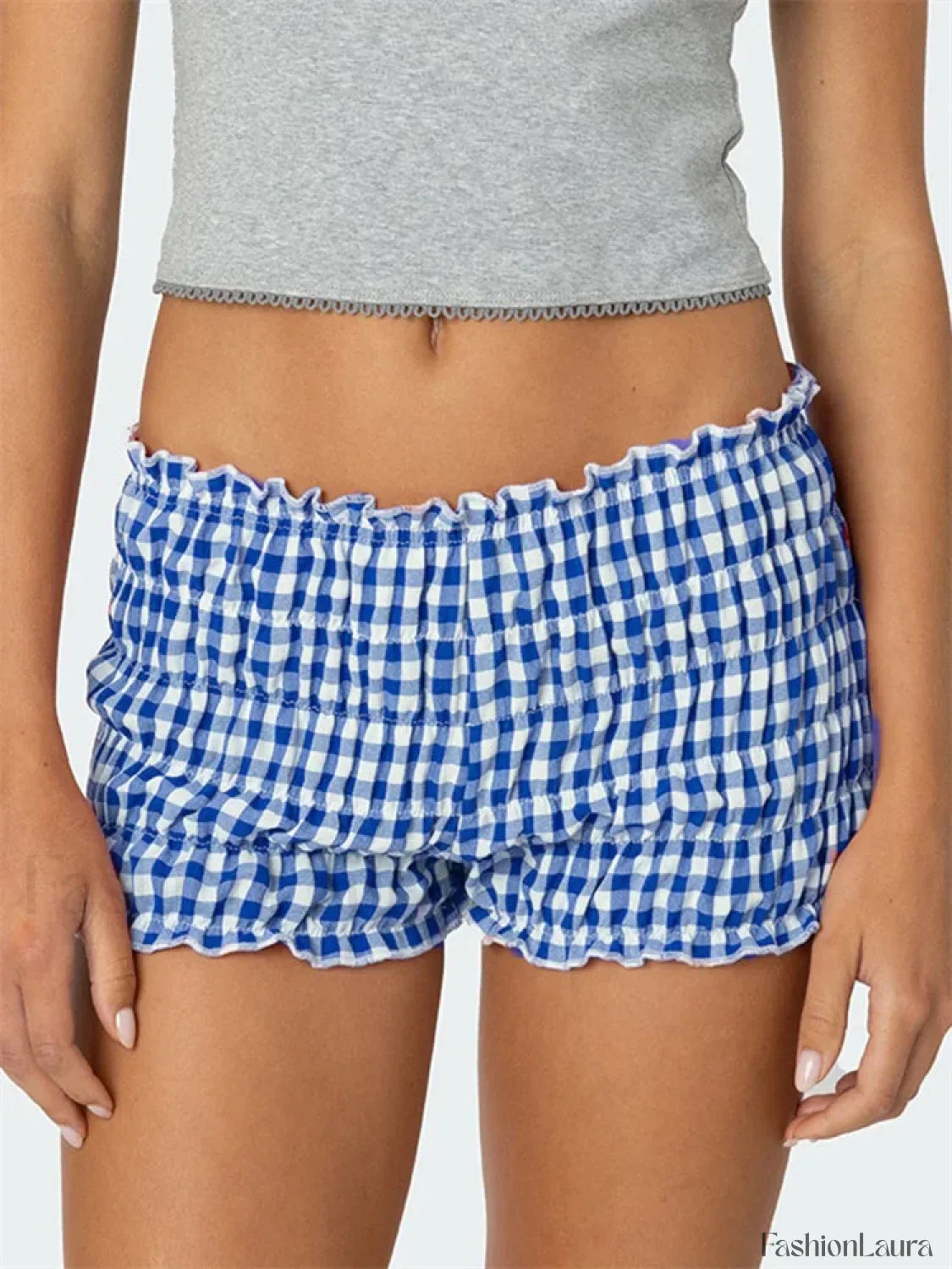 Ruched Plaid Print Slim Fit Low Waist Casual Summer Short