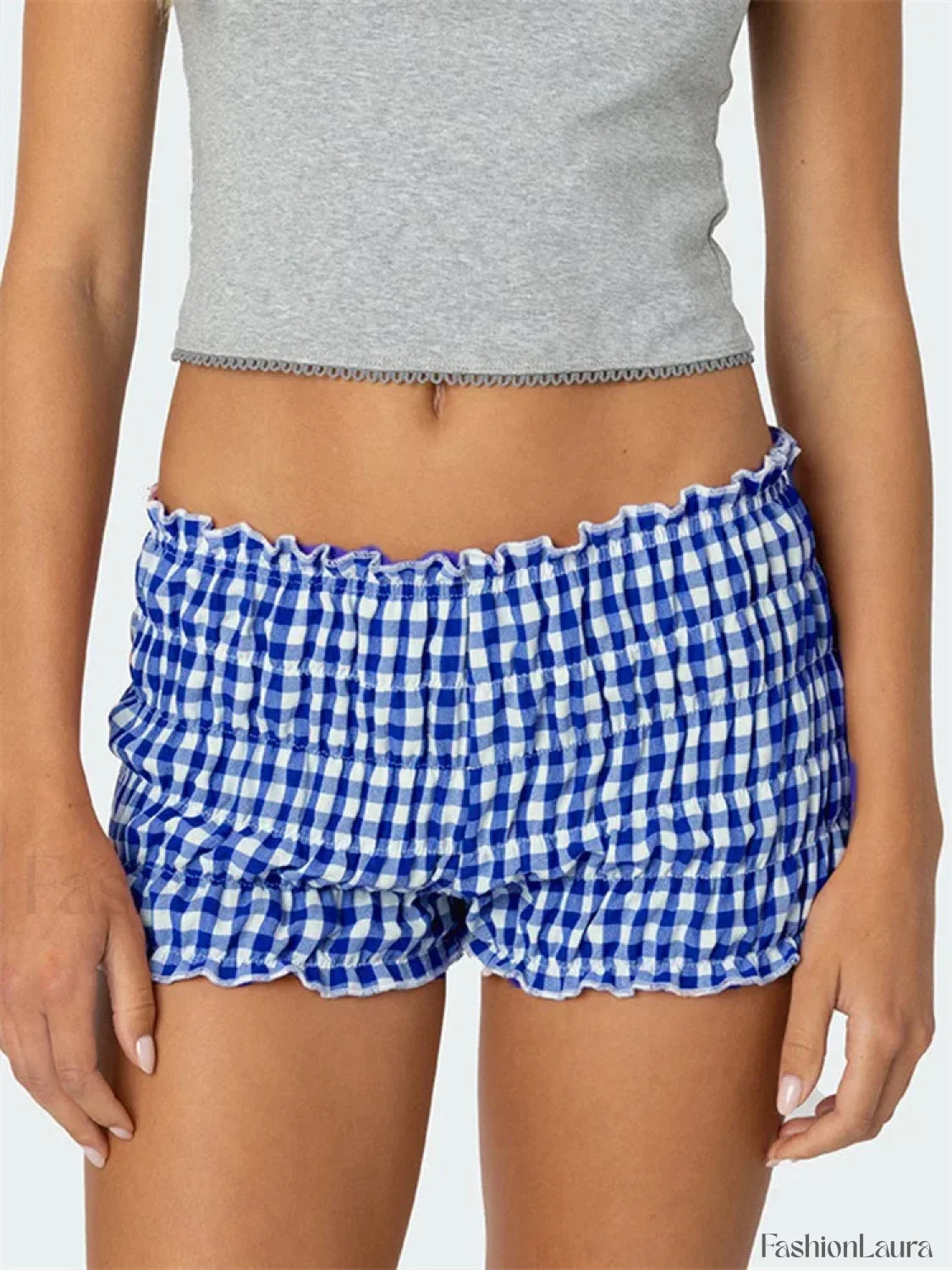 Ruched Plaid Print Slim Fit Low Waist Casual Summer Short