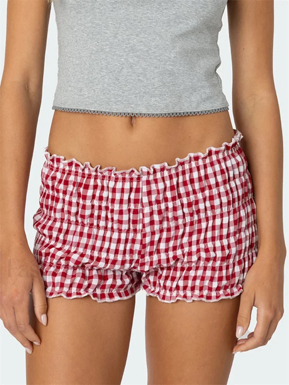 Ruched Plaid Print Slim Fit Low Waist Casual Summer Short