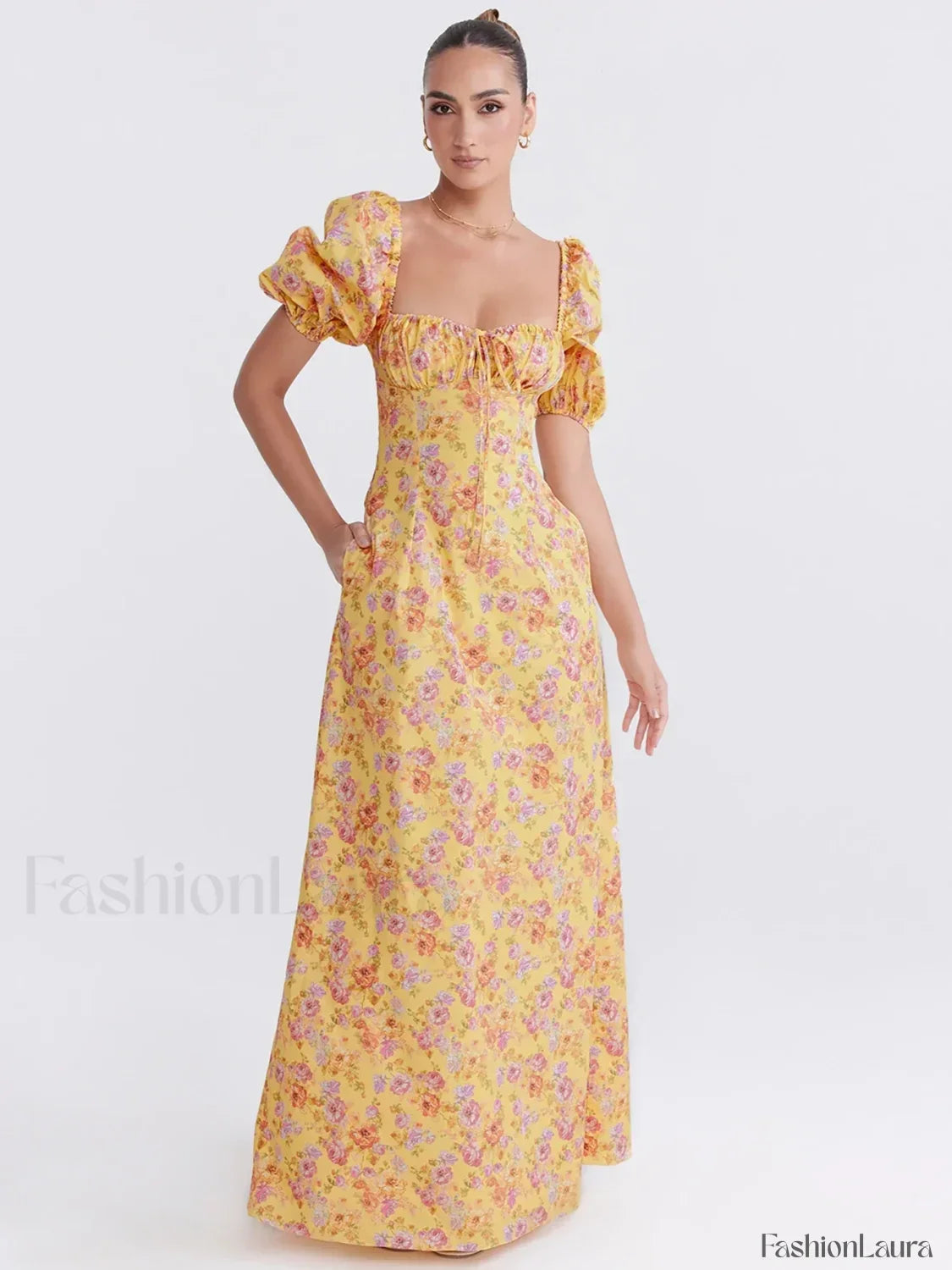 Ruched Pocket Sleeve Floral Dress