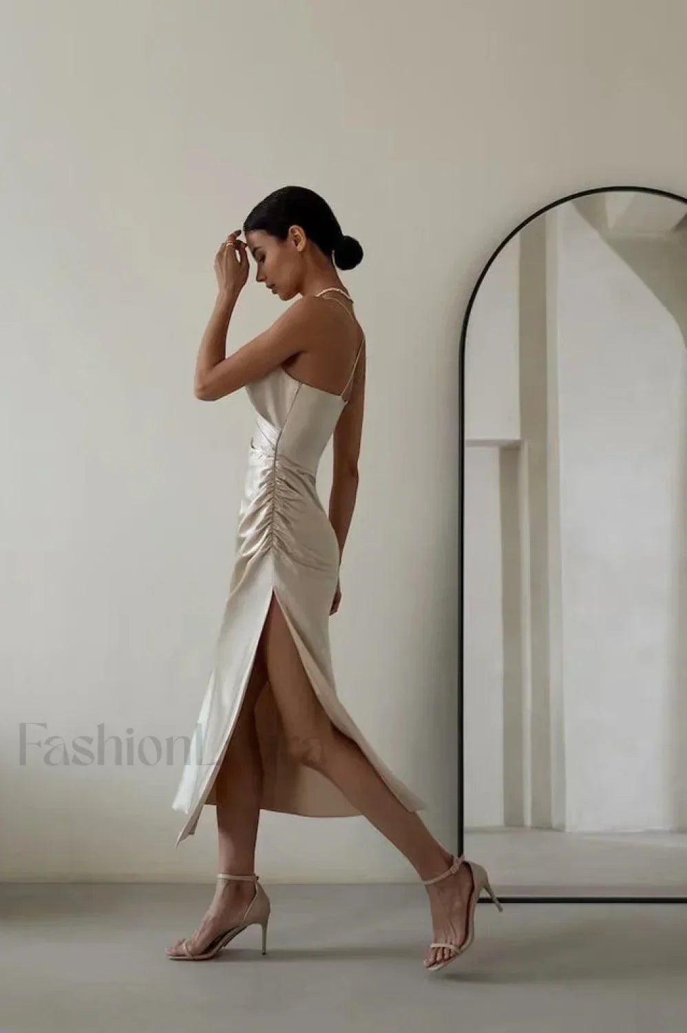 Ruched Trim High Charming Split Cami Midi Dress