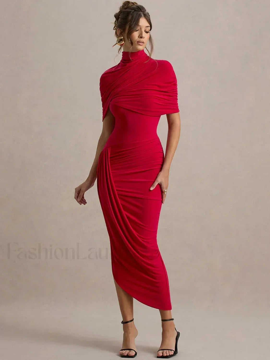 Ruched Turtleneck Midi Dress Red / S