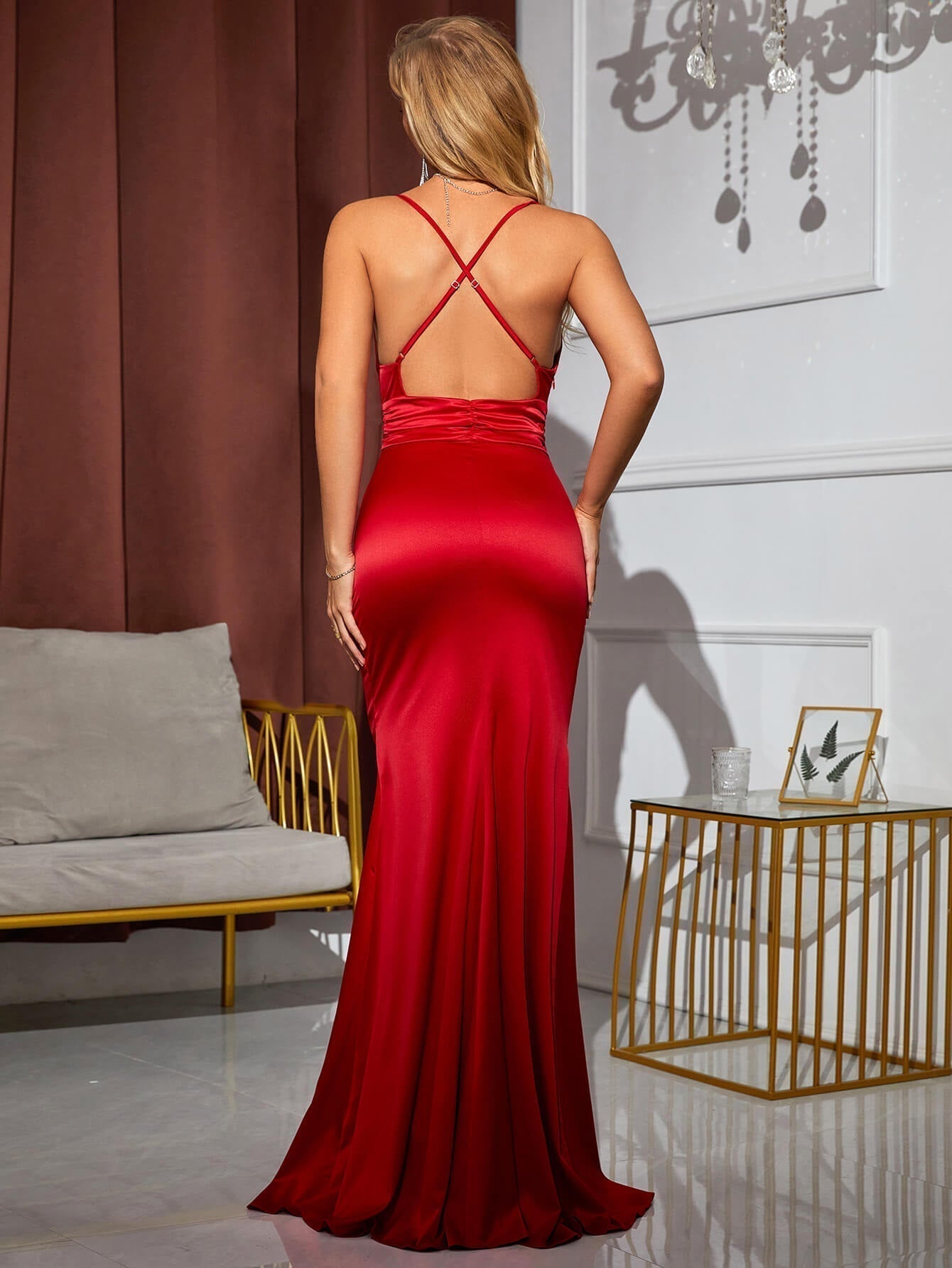 Ruched V Neck Backless Split Thigh Satin Dress - View 2
