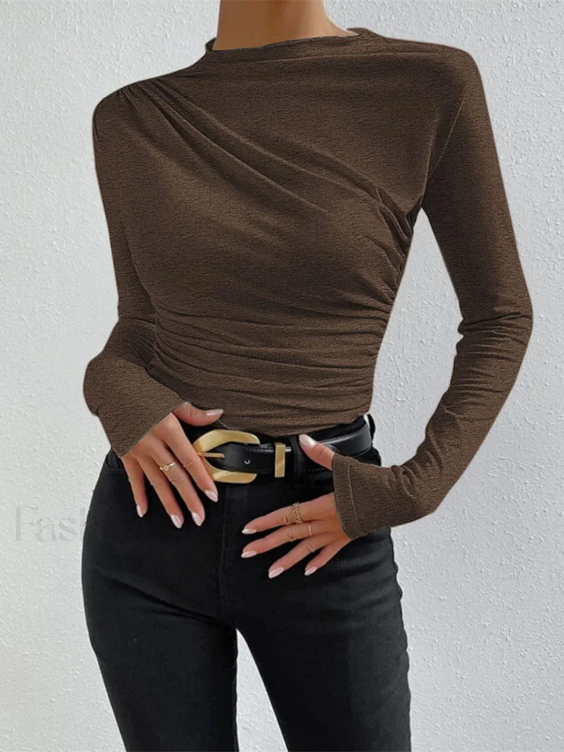 Ruching Long Sleeve Shirt Dark Brown / XS T Shirts