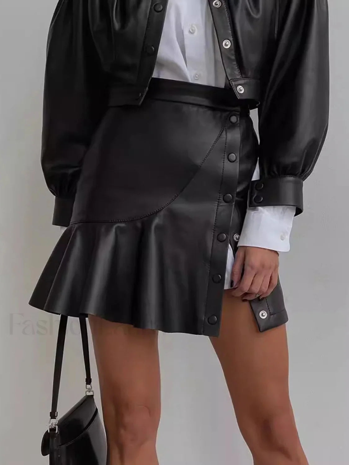 Ruffle Button Clasp PU Leather Skirt Black / XS Skirts