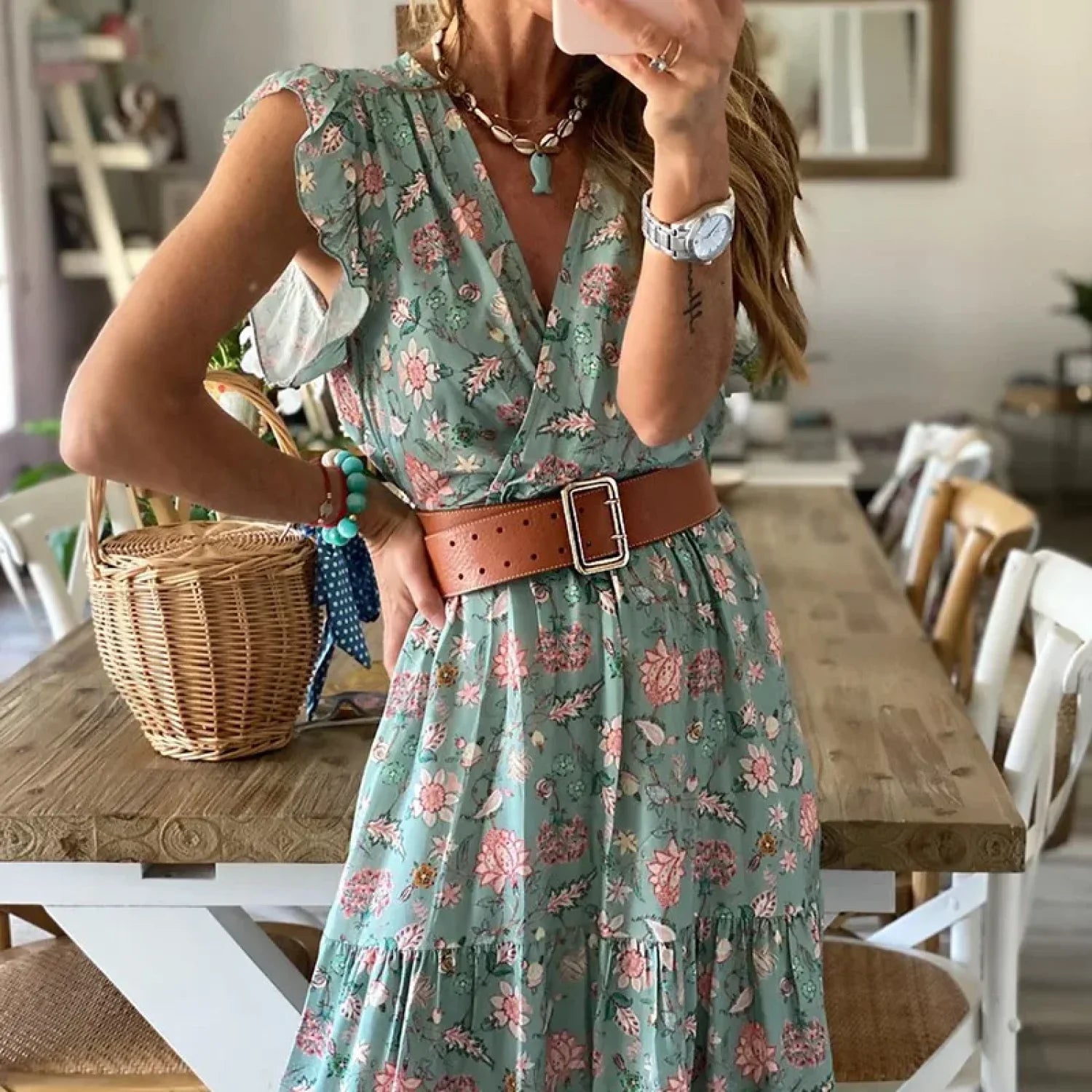 Ruffle Empire-Waist Boho Dress