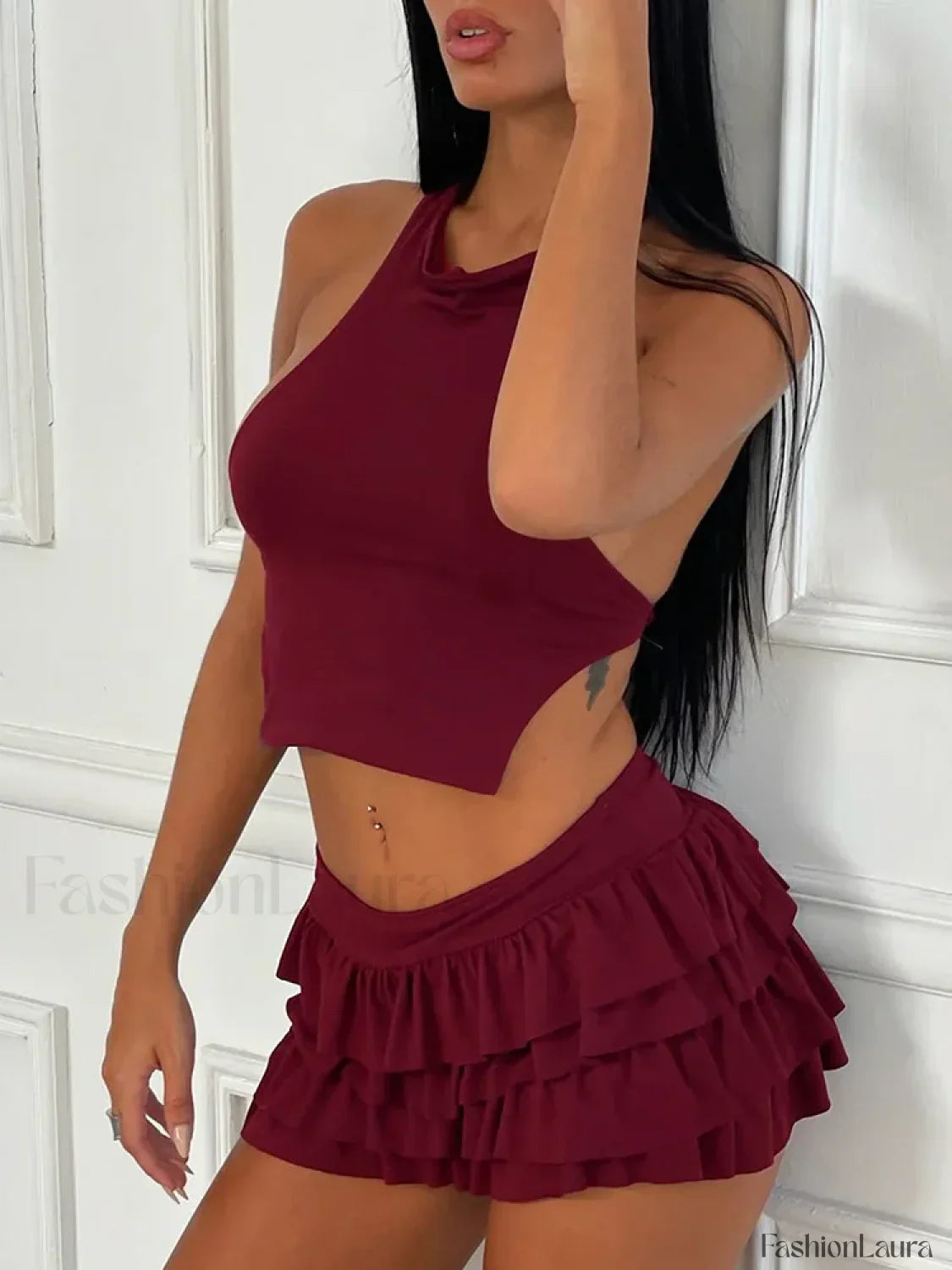 Ruffle Halter Mini Skirt Two Piece Set