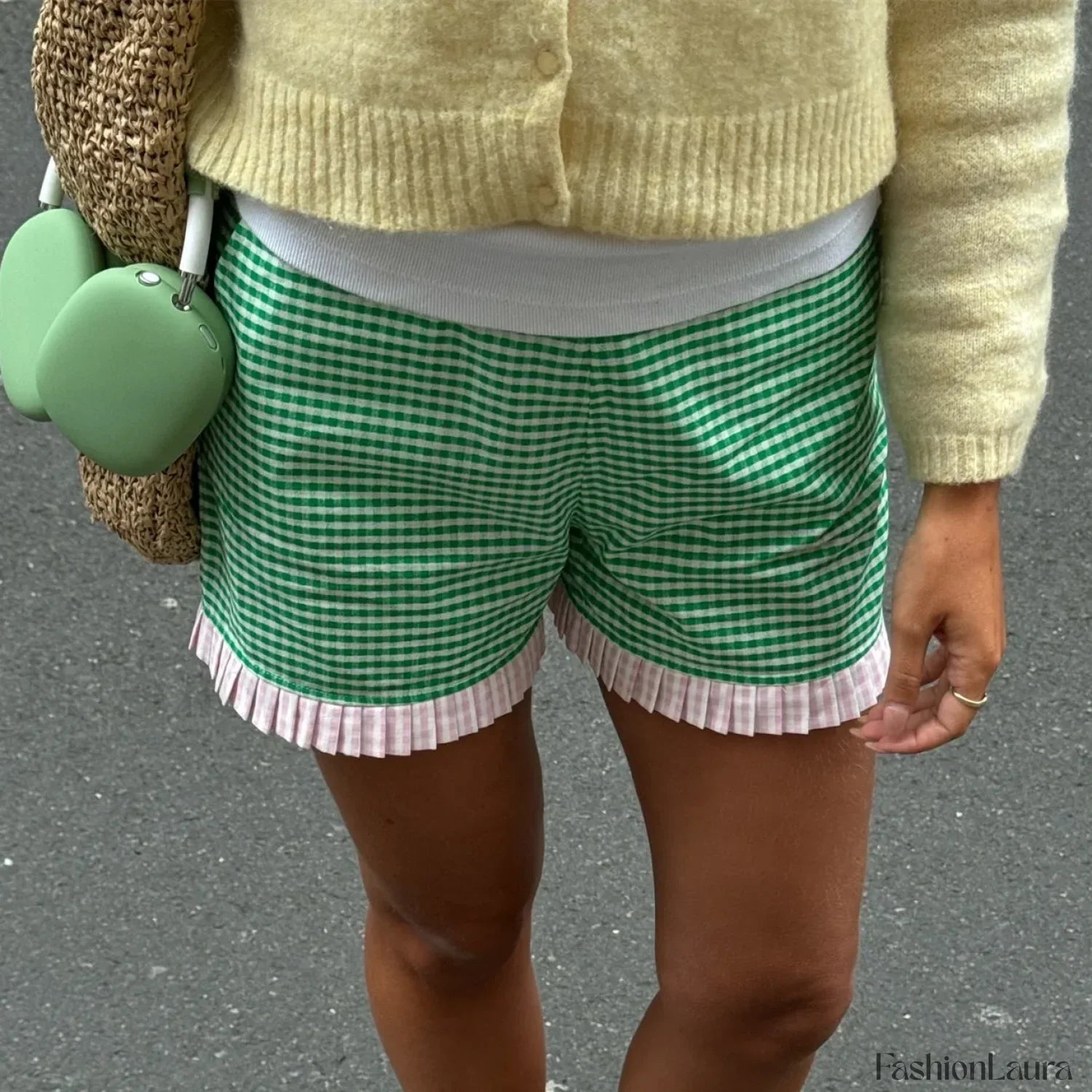 Ruffle Hem Boxer Plaid Print Elastic High Waist Loose Short