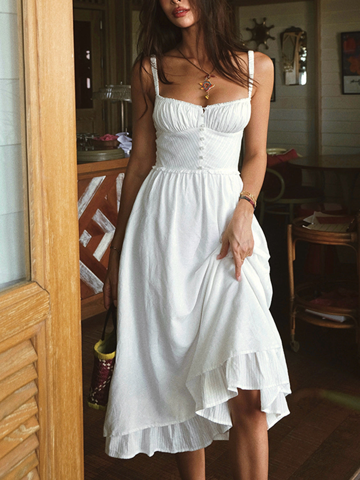 Spaghetti Strap Sweetheart Button Front High Low Ruffle Midi Dress 5
