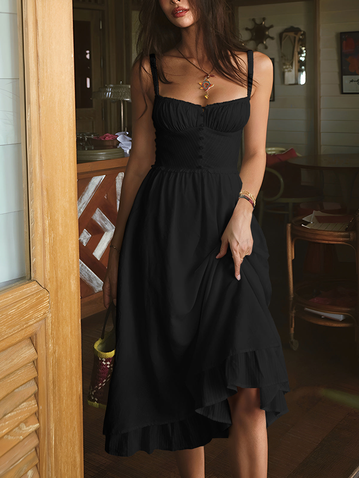 Spaghetti Strap Sweetheart Button Front High Low Ruffle Midi Dress 9
