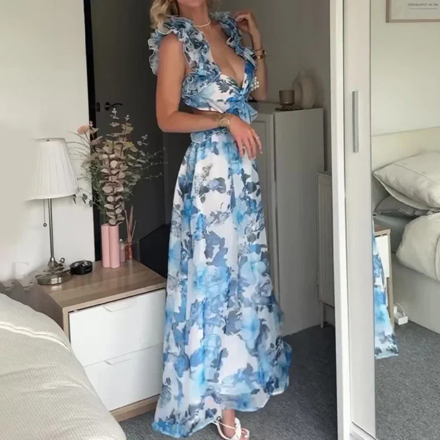 Ruffle Hem V-Neck Floral Dress