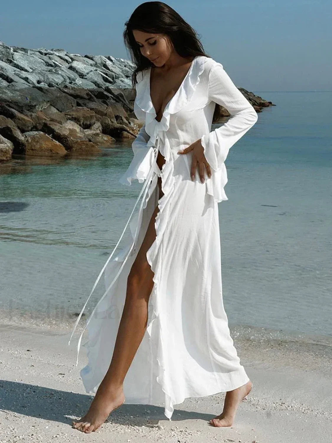 Ruffle Long Sleeve Lace Up Cover Up