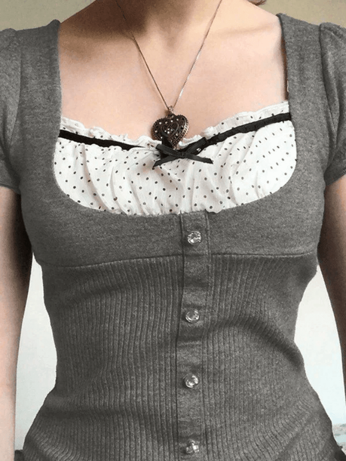 Square Neck Short Sleeve Polka Dot Ruffle Insert Button Front Ribbed Knit Top