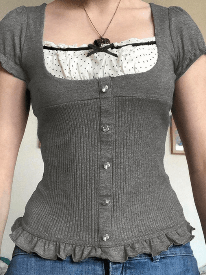 Square Neck Short Sleeve Polka Dot Ruffle Insert Button Front Ribbed Knit Top 2