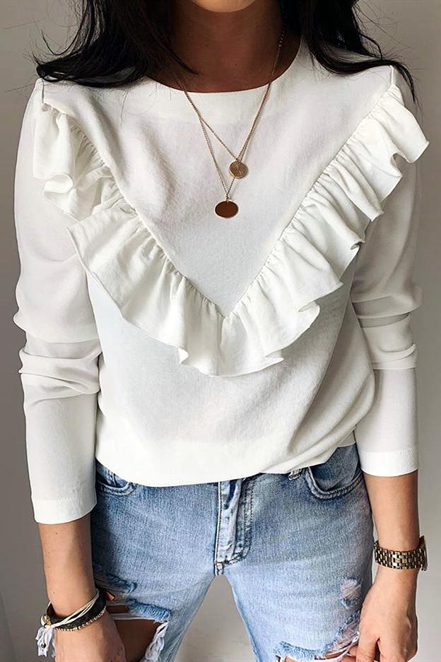 Ruffle Round Neck Long Sleeve Top