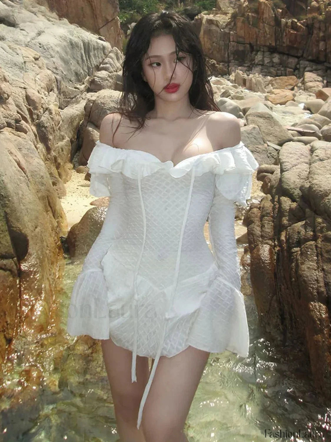 Ruffle Slash Neck Ribbon Mini Dress